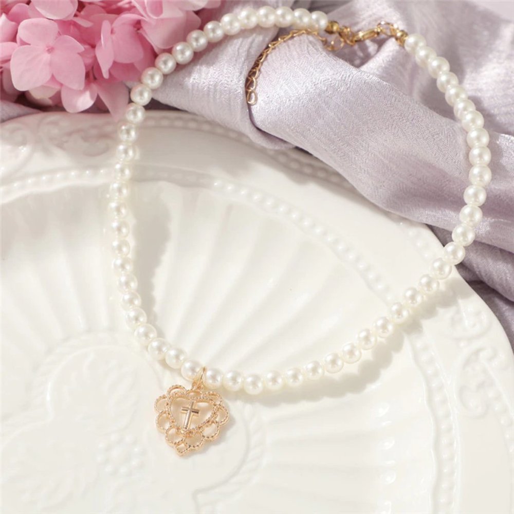 Gold Cross Heart Pearl Choker Necklace